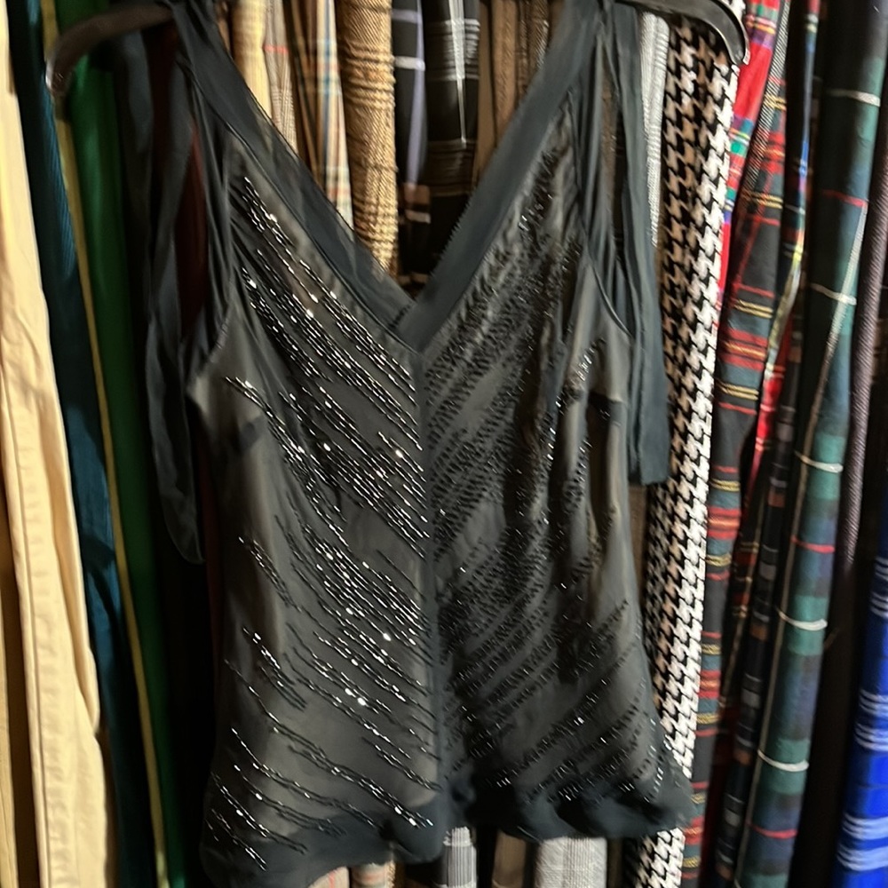 Express vintage Y2K double V black sheer lined & beaded cocktail tank top - Picture 4 of 6